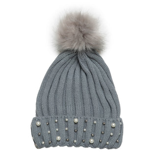 Gray beanie hat with gold bead and Pearl Detail on cuff with coordinating Pom Pom