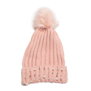 Light pink beanie hat with gold bead and Pearl Detail on cuff with coordinating Pom Pom