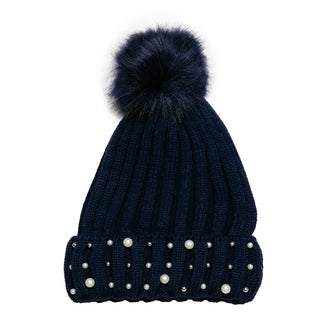 Navy beanie hat with gold bead and Pearl Detail on cuff with coordinating Pom Pom