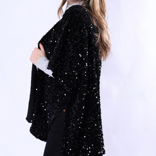 Sideview of black luxe sequins topper