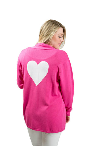 Hot pink Noreen sweater with white heart from back