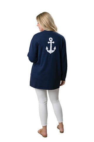 Navy Noreen sweater with white anchor from back