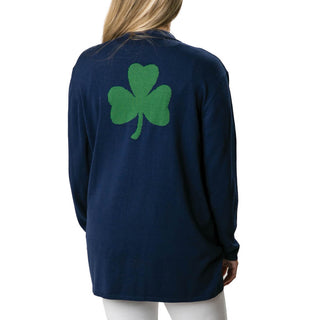 Navy Noreen sweater with green shamrock from back