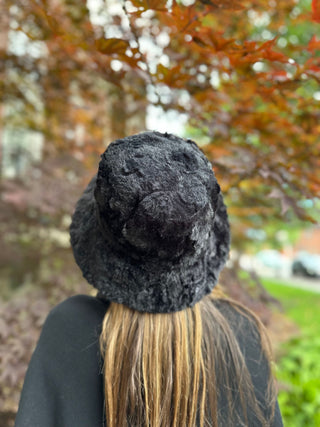 black faux fur bucket hat, back view