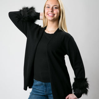 Black cardigan with faux fur cuffs