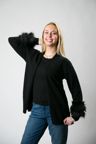 Black cardigan with faux fur cuffs