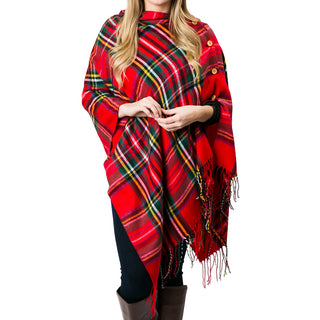 Red Multi plaid wrap shawl with buttons and fringe
