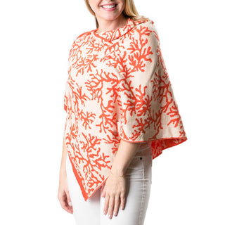 Orange Poncho with Cream Dancing Coral Print, shown reversed with cream background and orange coral