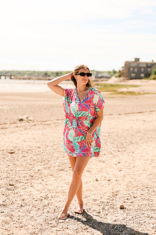 v neck beach coverup with pink and green watercolor