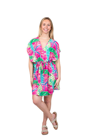 v neck beach coverup with pink and green watercolor