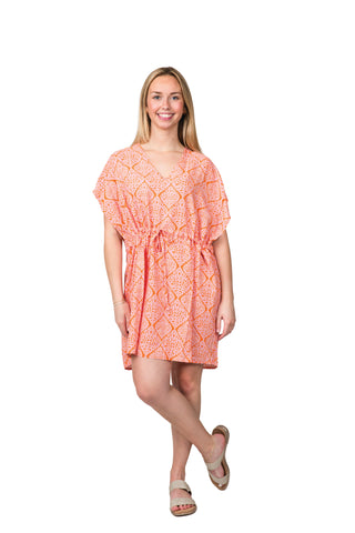 v neck beach coverup with pink and orange damask