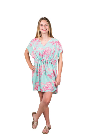 v neck beach coverup with turquoise and pink pagoda