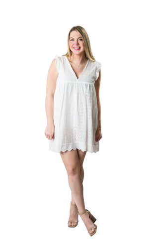 white eyelet romper dress with V-neck and flutter ruffled cap sleeve