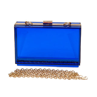 Blue clear, hard plastic clutch with chain strap 