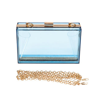 Light Blue clear, hard plastic clutch with chain strap 