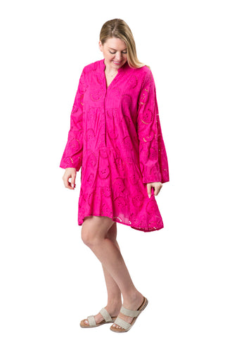 Short hot pink long-sleeve eyelet dress