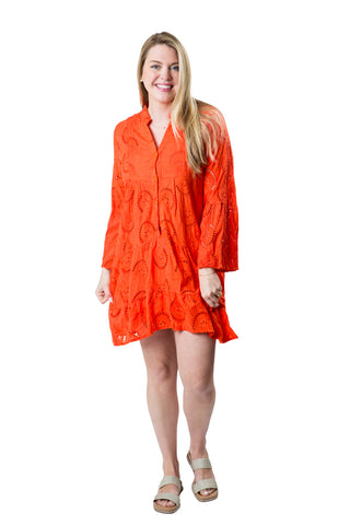 Short orange long-sleeve eyelet dress