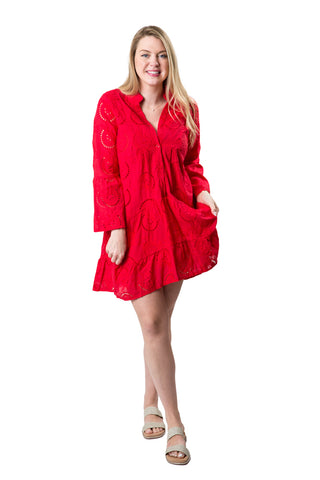 Short red long-sleeve eyelet dress