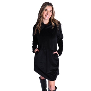 Black corduroy dress with split cowl neckline, long sleeve and mid-thigh length