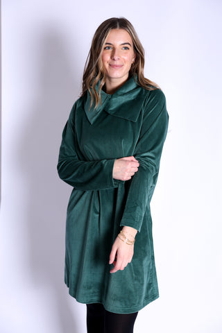 Green corduroy dress with split cowl neckline, long sleeve and mid-thigh length