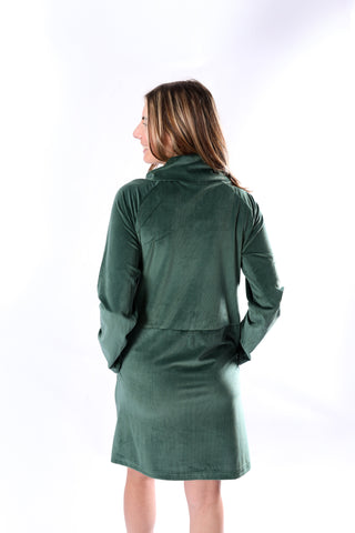 Green corduroy dress with split cowl neckline, long sleeve and mid-thigh length, back view