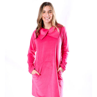 Hot pink corduroy dress with split cowl neckline, long sleeve and mid-thigh length