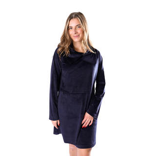 Navy corduroy dress with split cowl neckline, long sleeve and mid-thigh length