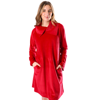 Red corduroy dress with split cowl neckline, long sleeve and mid-thigh length