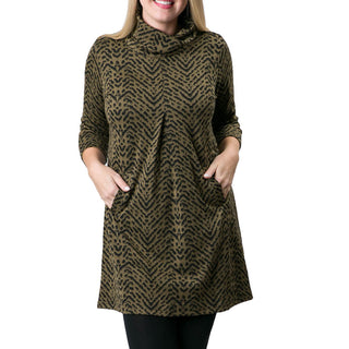 Olive and black zig zag print jacquard knit tunic dress with three quarter sleeves, turtleneck and front pleat