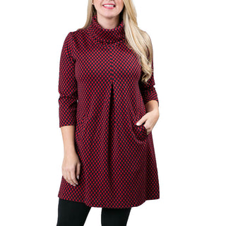 Red and navy check print jacquard knit tunic dress with three quarter sleeves, turtleneck and front pleat