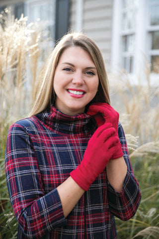 woman wearing red michele gloves 