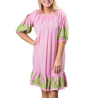 pink jules tunic with green embroidery detailing 