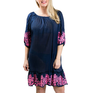 royal blue jules tunic with pink embroidery 