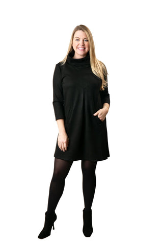 Black microsuede dress with pleat in front and pockets