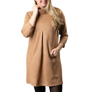 Camel microsuede dress with pleat in front and pockets