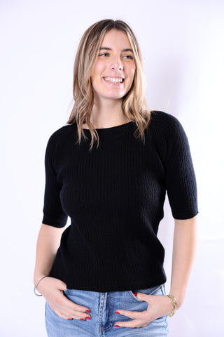 Black Kit Top ribbed knit half sleeve sweater, versatile wardrobe essential.