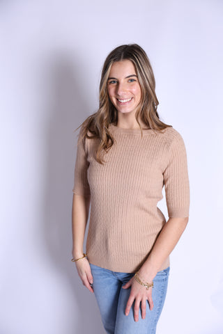 Camel Kit Top ribbed knit half sleeve sweater, versatile wardrobe essential.