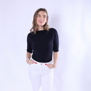 Navy cable knit short sleeve top 