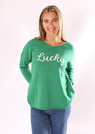 Green Jetty Pullover Sweater with the word Lucky embroidered in white 