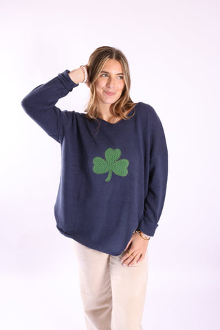 Navy Jetty Pullover Sweater with green shamrock embroidery 