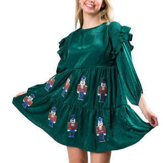 Emerald Green Tiered Dress with Nutcrackers