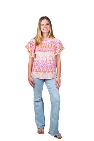 Orange Cream and Pink Abstract Flutter Top