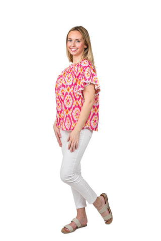 Pink Orange and White Ikat Flutter Top