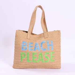 Woven beach bag with 'BEACH PLEASE'  in blue and green text