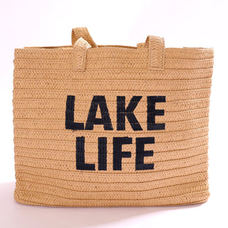Woven bag with 'Lake Life' in black text 