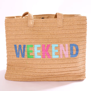 Woven bag with 'WEEKEND' in colorful letters 