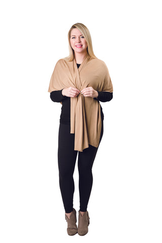 Woman wearing a camel keyhole-closure wrap