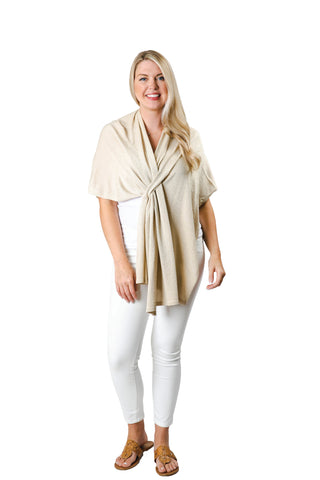 Woman wearing a metallic gold  keyhole-closure wrap