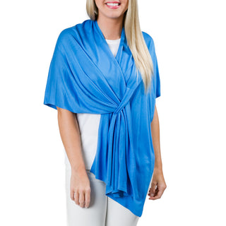Woman wearing a blue opal keyhole-closure wrap