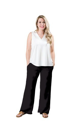 black wide leg palazzo pant with drawstring waist and pockets